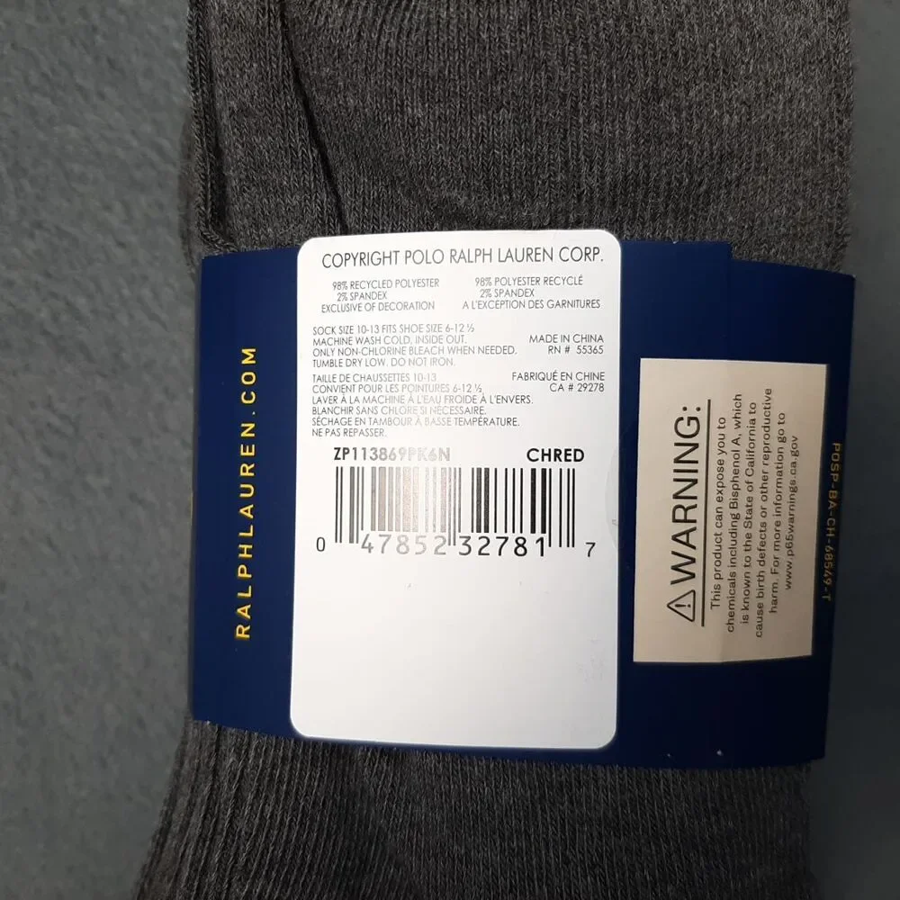 Polo Ralph Lauren Socks Mens Gray 6 Pairs Classic Sport Cushion PRL ZP113869PK6N
